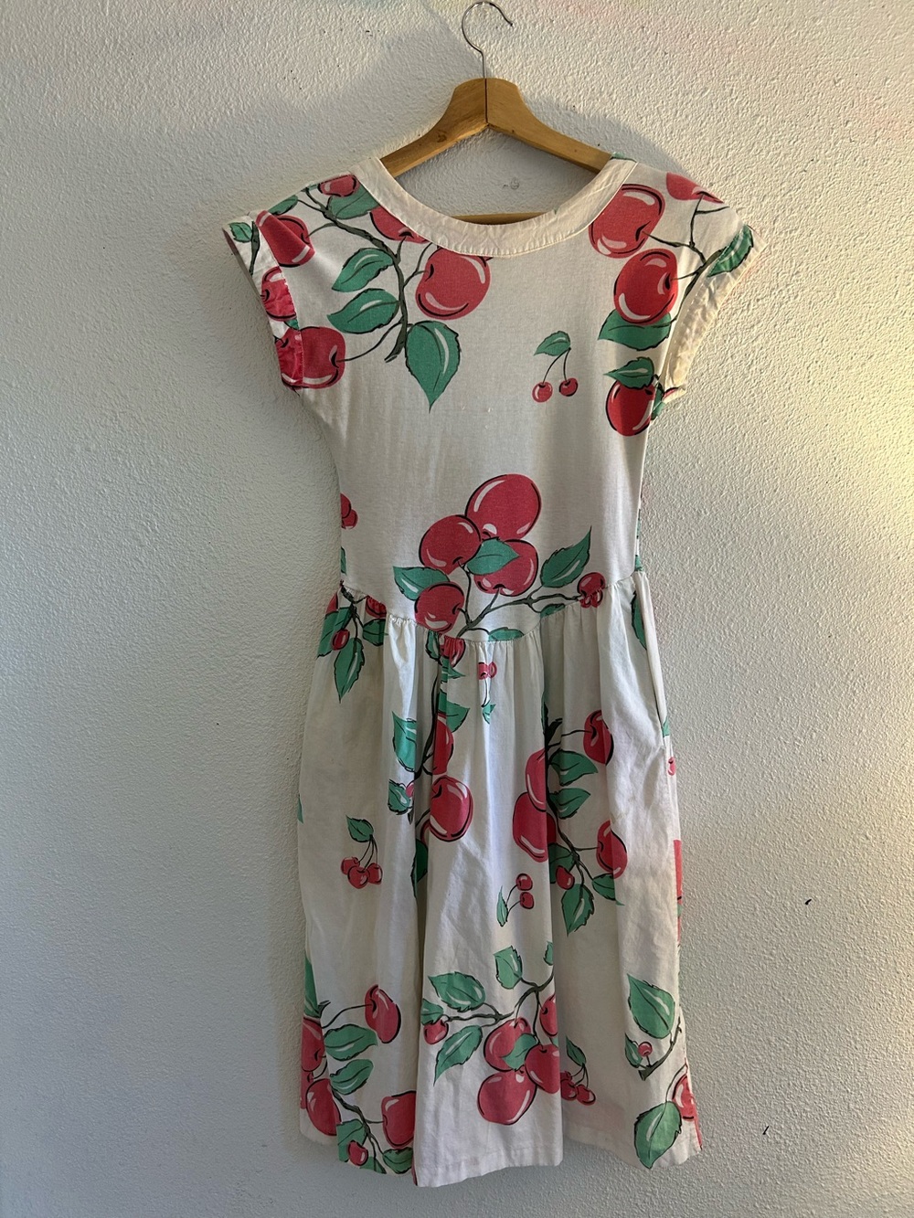 Vintage 80s 90s Cherry Print Dress Made USA Drop Waist Cottagecore